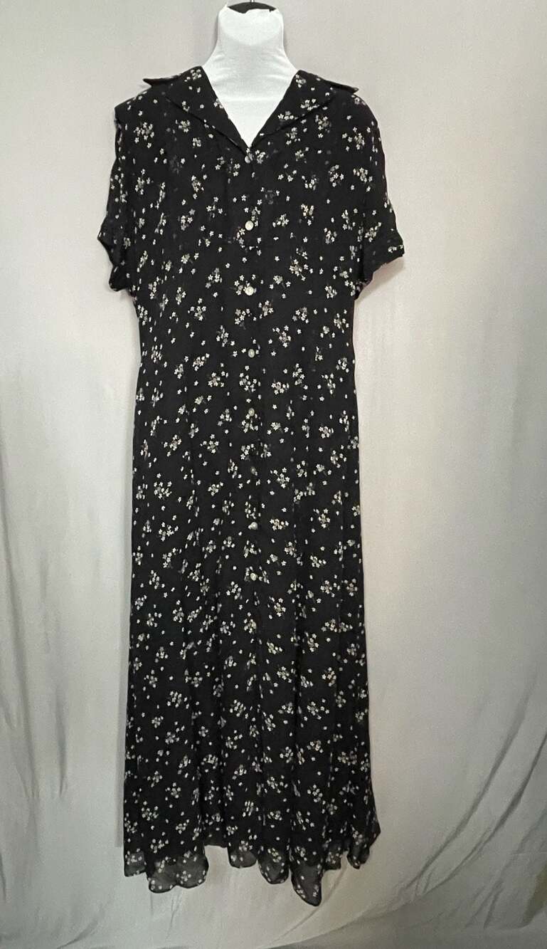 VTG David Warren New York Black Floral Print Button-Front Midi Shirt Dress 16